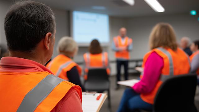 Safety instructor conducting on-site training session with workers