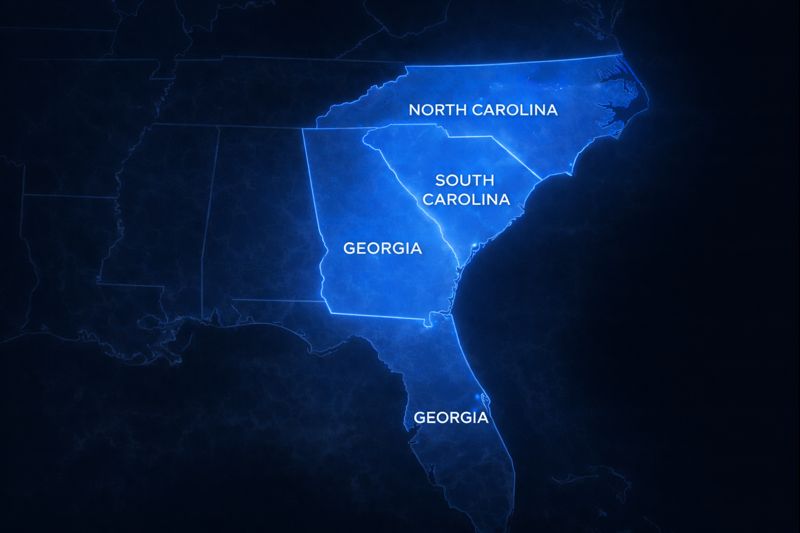 Service coverage map for North Carolina, South Carolina, and Georgia